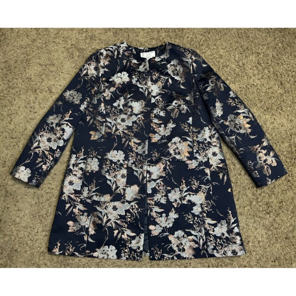 HELENE BERMAN Blazer Jacket Collarless Navy Floral Gold Metallic Quiet Luxury XL